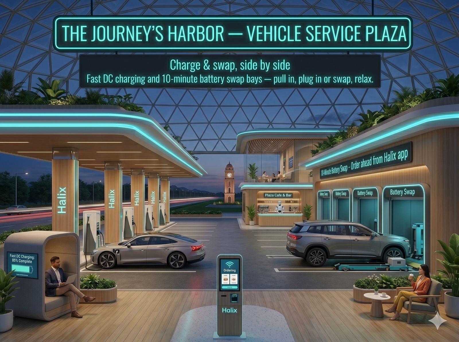 Concept render &mdash; vehicle service plaza with fast DC charging and swap bays side by side