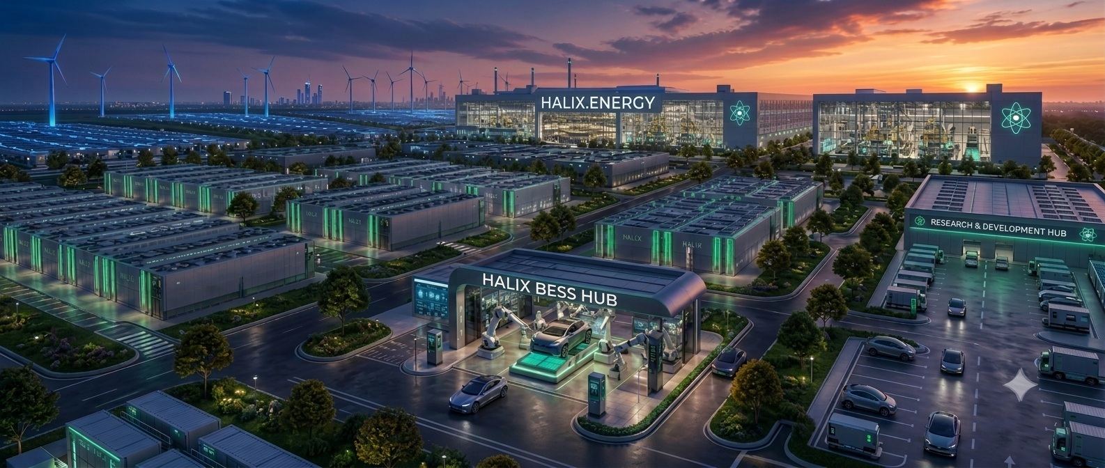 Concept render &mdash; Halix BESS yard with integrated plant and swap station