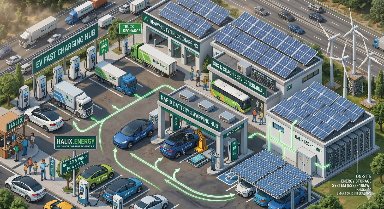 Concept render &mdash; a Halix highway energy hub: fast charging, battery swapping, solar canopy and on-site storage