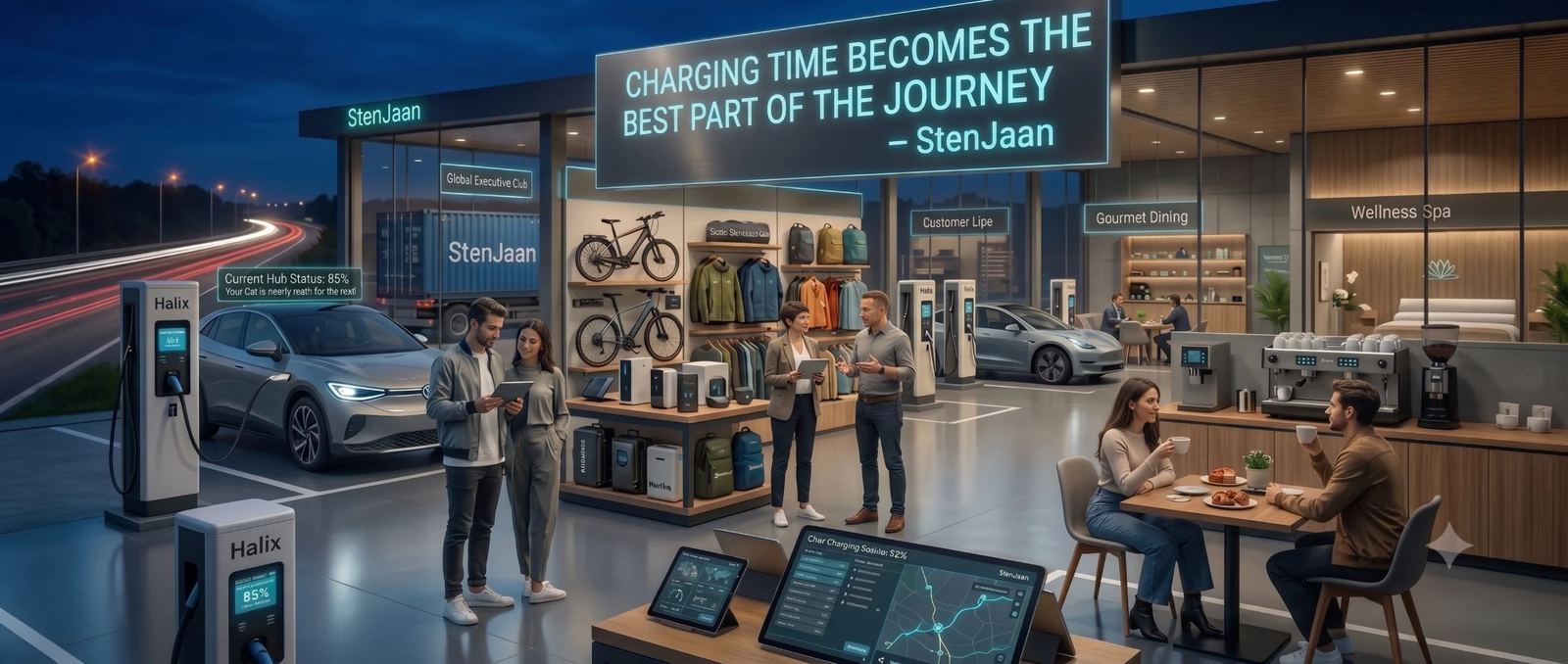 Concept render &mdash; a Halix highway energy hub at dusk: fast charging, retail, dining and a lounge, where charging time becomes the best part of the journey