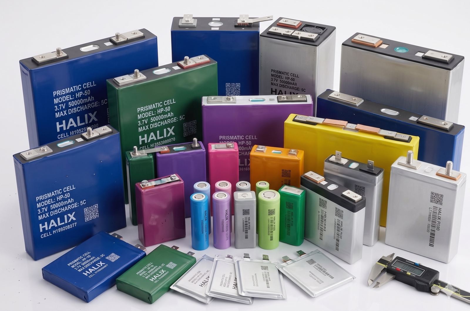 Concept render &mdash; prismatic and cylindrical lithium cells for Halix packs