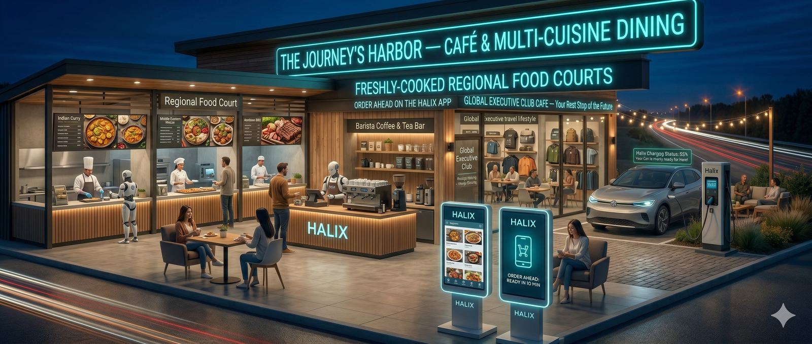 Concept render &mdash; a Highway Haven at dusk with cafe, regional food court and charging bays