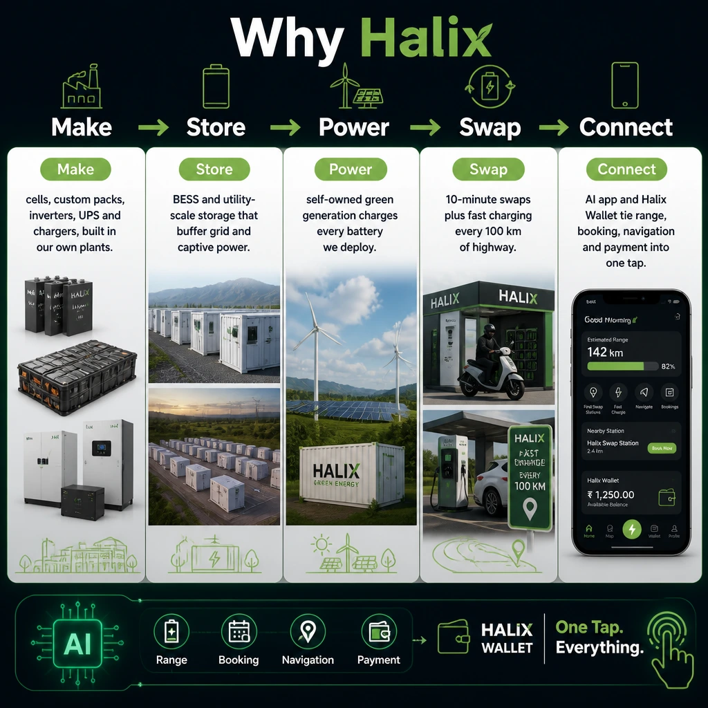 Why Halix &mdash; the five-link value chain. Make: cells, custom packs, inverters, UPS and chargers, built in our own plants. Store: BESS and utility-scale storage that buffer grid and captive power. Power: self-owned green generation charges every battery we deploy. Swap: 10-minute swaps plus fast charging every 100 km of highway. Connect: the AI app and Halix Wallet tie range, booking, navigation and payment into one tap.